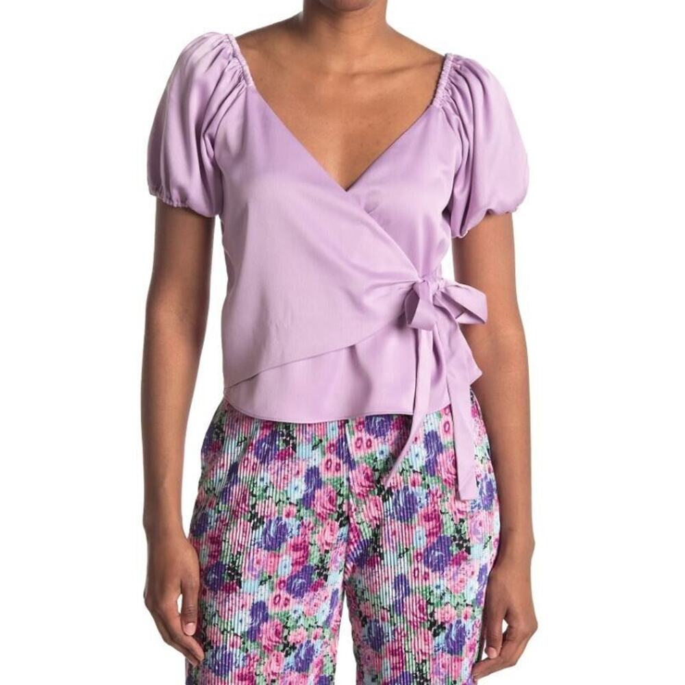 WAYF Women's Faux Wrap Short Puff Sleeve Satin Top In Lavender Small MSRP $32.97